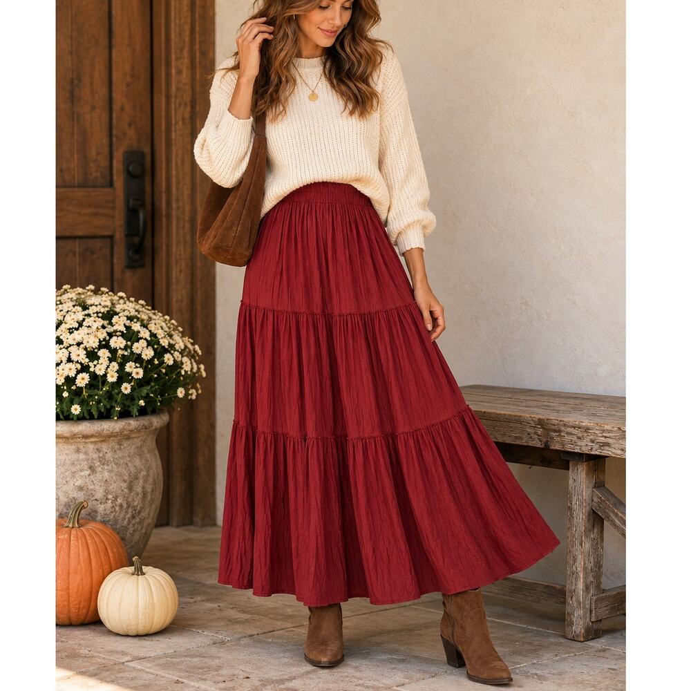 Double D Ranch Red Faux Suede Tiered Maxi Skirt Western Boho, Size XS